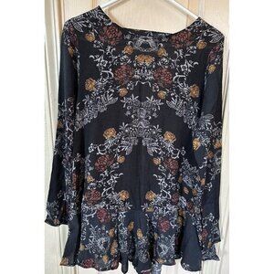 Free People Womens Small Black Floral Long Sleeve Open Back Dress